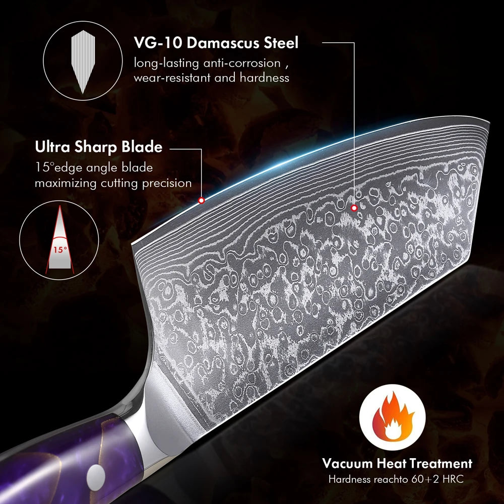 DASHWAY 7.5" Damascus Steel Cleaver Knife – Chef's Slicer Damascus Cleaver Knife Qst