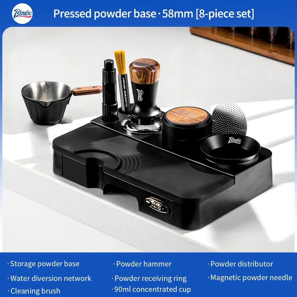 BINCOO Espresso Tamper, Distributor & Knock Box Set 51-58mm Espresso Barista Set Qst Black-8pcs-58MM