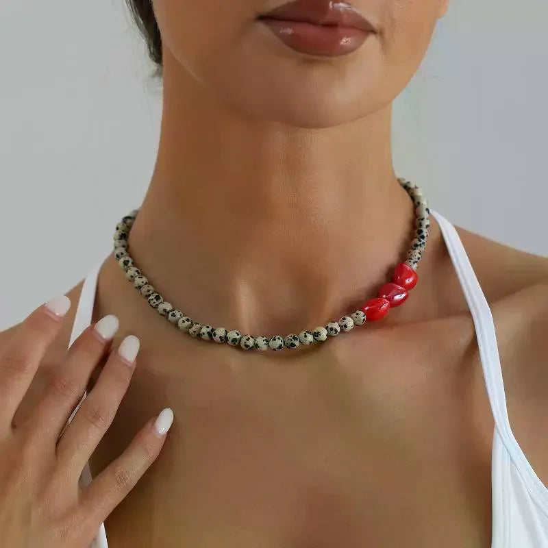 Red Heart Beaded Stone Layering Necklace for Women Beaded Layering Necklace Qme