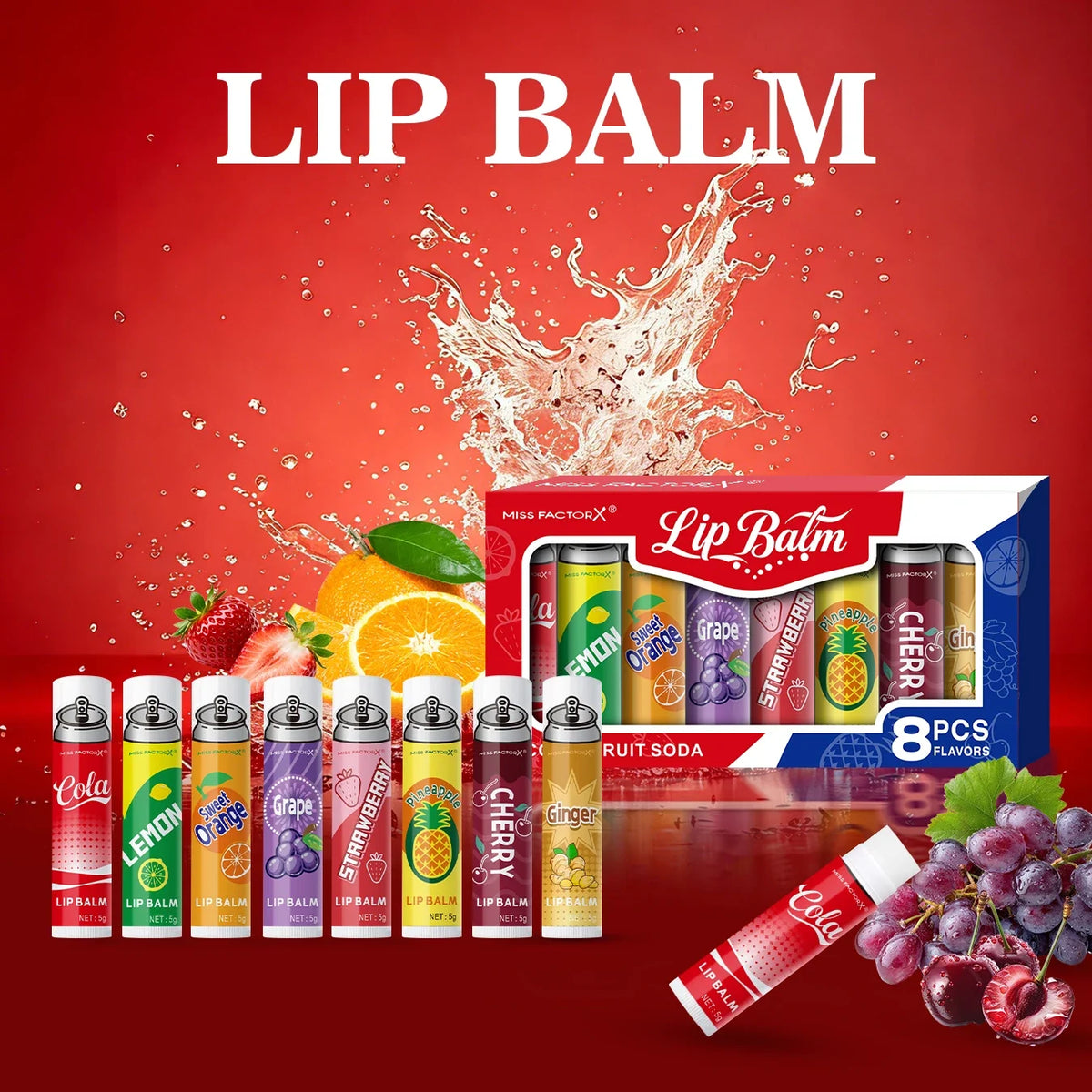 Soda Flavor Lip Balm 8-Pack – Hydrating Gift Set for Girls Flavored Lip Balm Set Qme