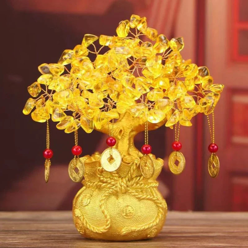 Yellow Crystal Money Tree Bonsai Feng Shui Wealth Ornament Decorative Ornament Qme