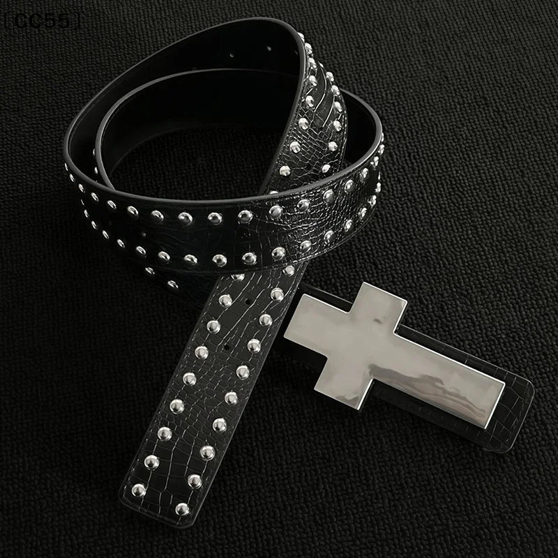 Gothic Punk Crackle Studded Metal Cross Belt for Women Gothic Studded Belt Qst