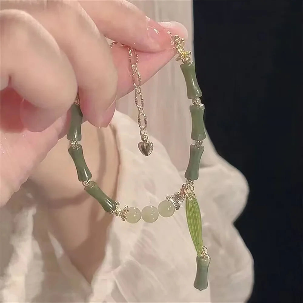 Handmade Green Natural Stone Bamboo Leaf Beaded Bracelet Beaded Bracelet Qme