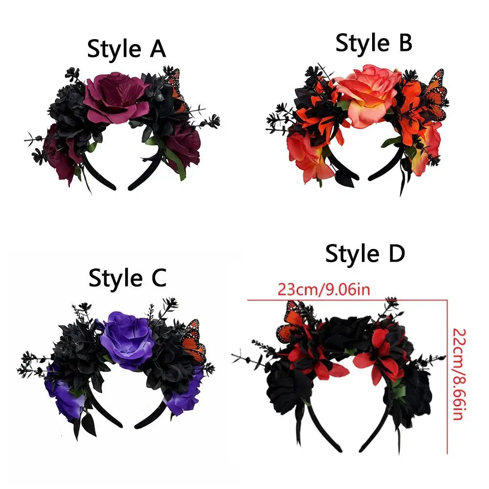 Gothic Rose Flower Crown with Butterfly – Halloween Headband Flower Crown Headband Qme