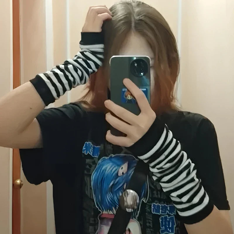 Y2K Punk Long Fingerless Gloves – Unisex Arm Warmer Cuff Fingerless Arm Warmers Qme