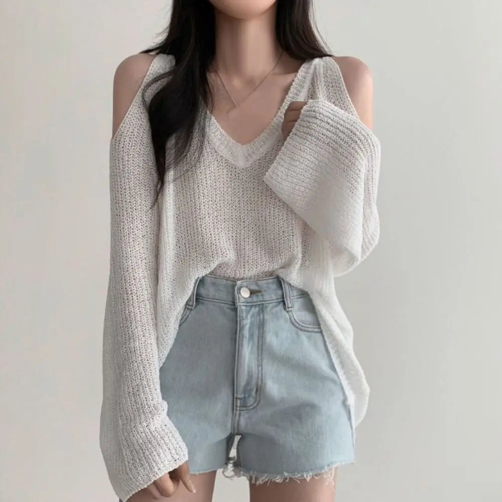 Hollow Out Crochet Knit Pullover – V-Neck Long Sleeve Top Crochet Knit Pullover Qme