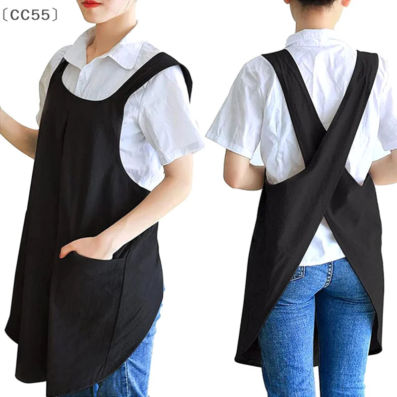 Women's Cross Back Apron with Pockets – Cotton Smock Women's Cross Back Apron Qst