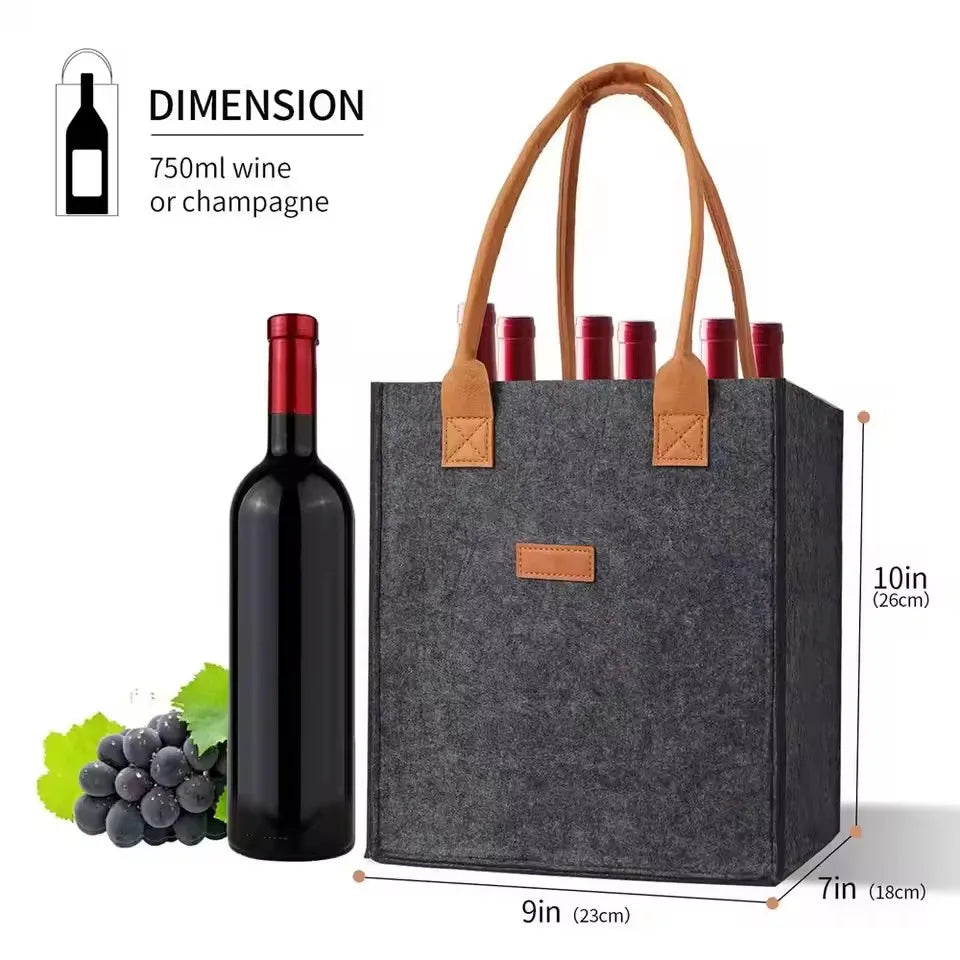 6-Bottle Felt Wine Carrier Tote Bag with Dividers & Handle Wine Carrier Tote Qme