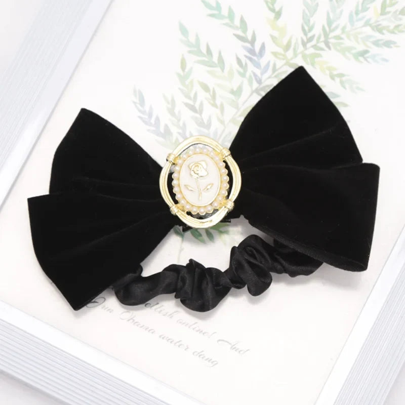 Black Velvet Bow Hairpin with Fabric Roses | Girls & Women Velvet Bow Hair Clip Qme
