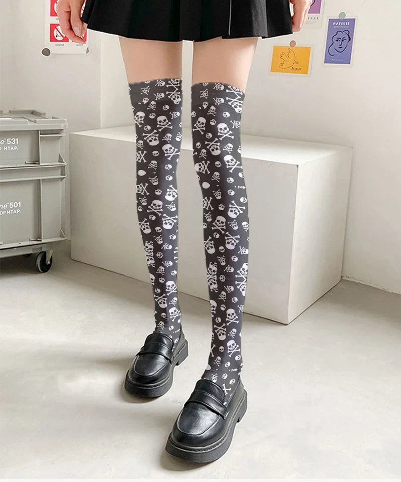 Skull Print Women's Long Stockings | Novelty Hosiery Novelty Print Stockings Qme