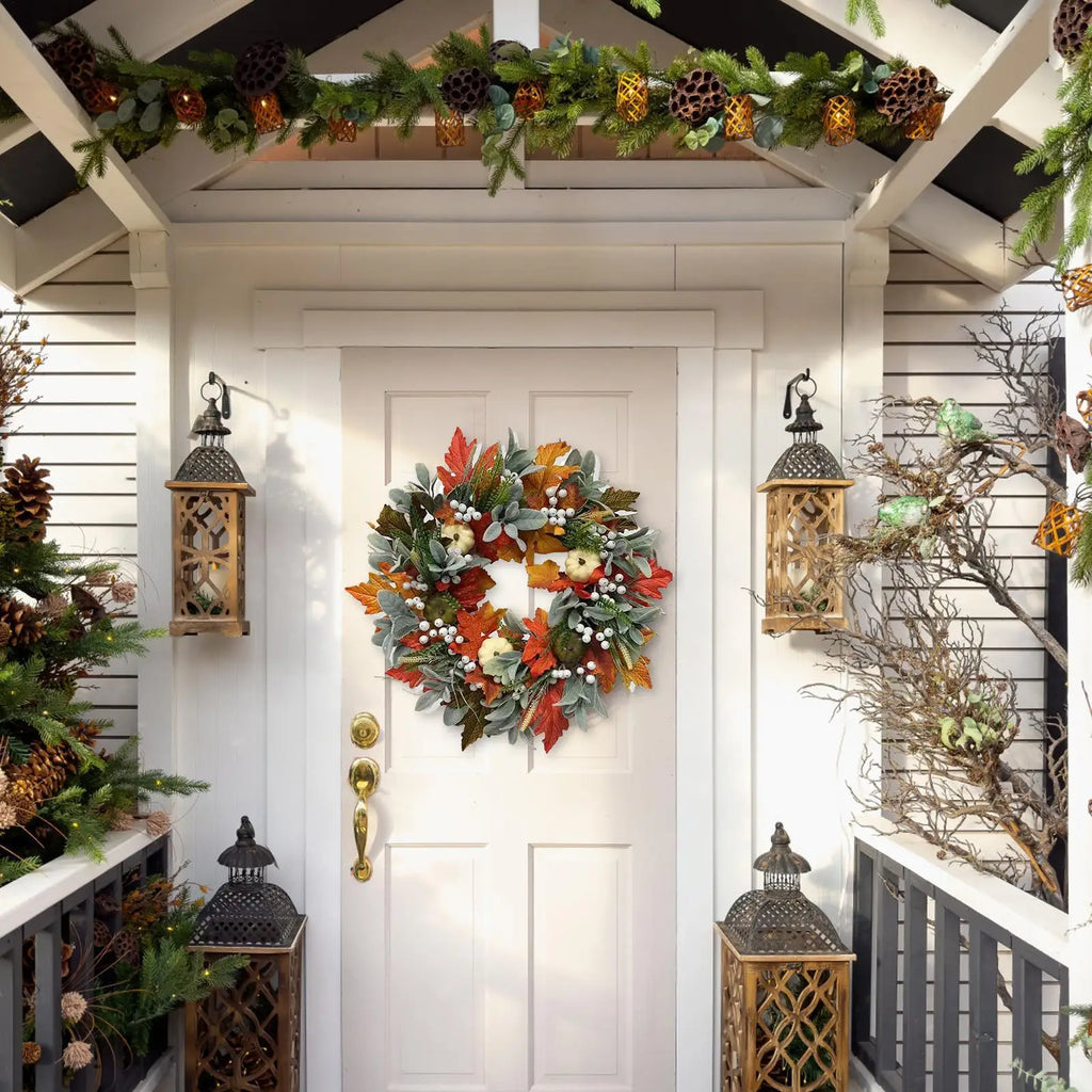 Halloween Harvest Wreath – Maple Leaves & Pumpkin | 18" Decor Seasonal Wreath Qme