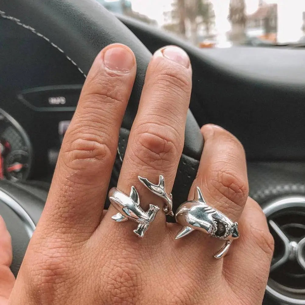 Vintage Shark Adjustable Metal Rings – Retro Gothic Animal Set Adjustable Fashion Ring Qme