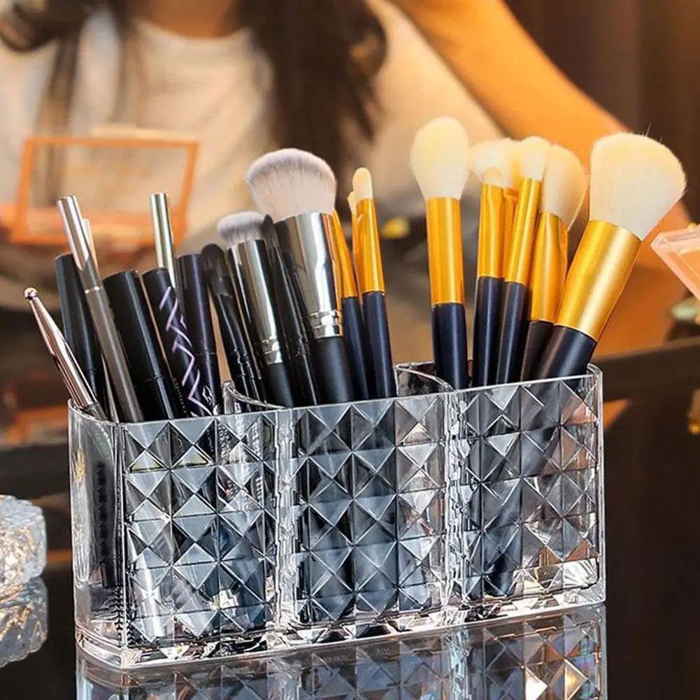3-Slot Acrylic Makeup Brush Holder & Cosmetic Organizer Makeup Brush Organizer Qme