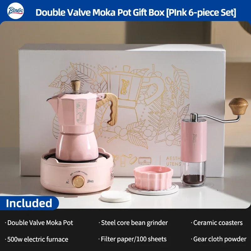 BINCOO Dual Valve Moka Pot Gift Box – Espresso Coffee Maker Moka Pot Qst white 6pcs set B