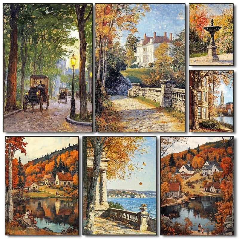 Vintage Landscape Canvas Art Print – Village Forest Flower Wall Decor Canvas Wall Art Qst