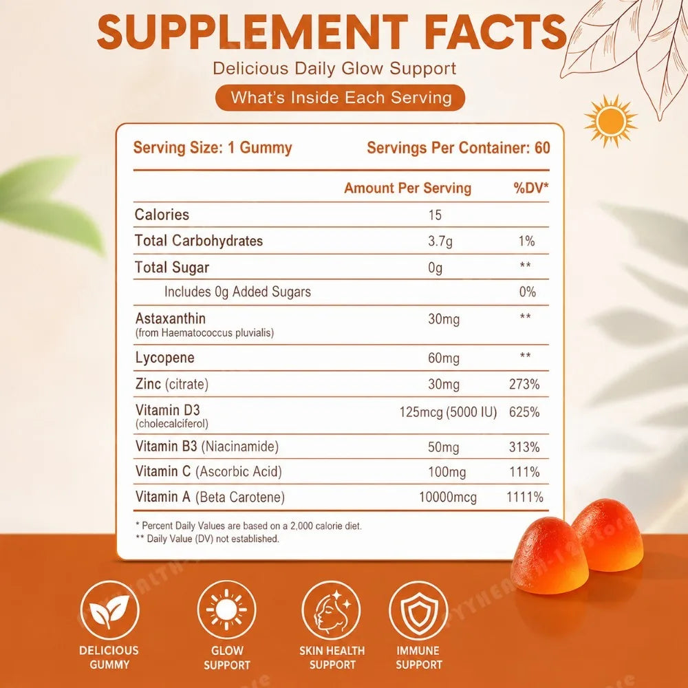 Tanning Gummies – Sunless Bronzing Glow, Vegan, Sugar-Free Tanning Supplement Qst
