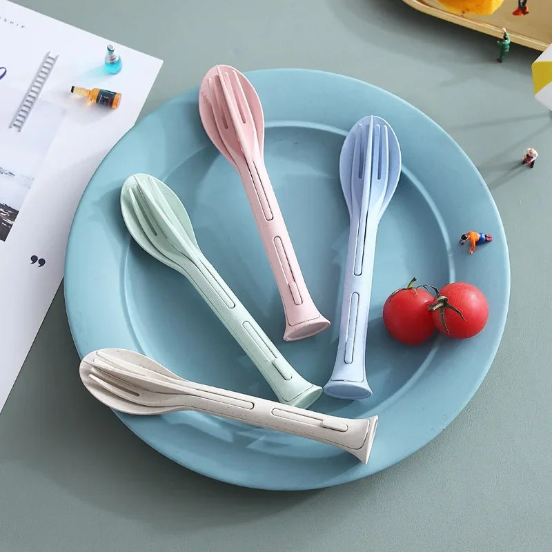 Wheat Straw Travel Cutlery Set – Spoon Fork Chopsticks Travel Cutlery Set Qme