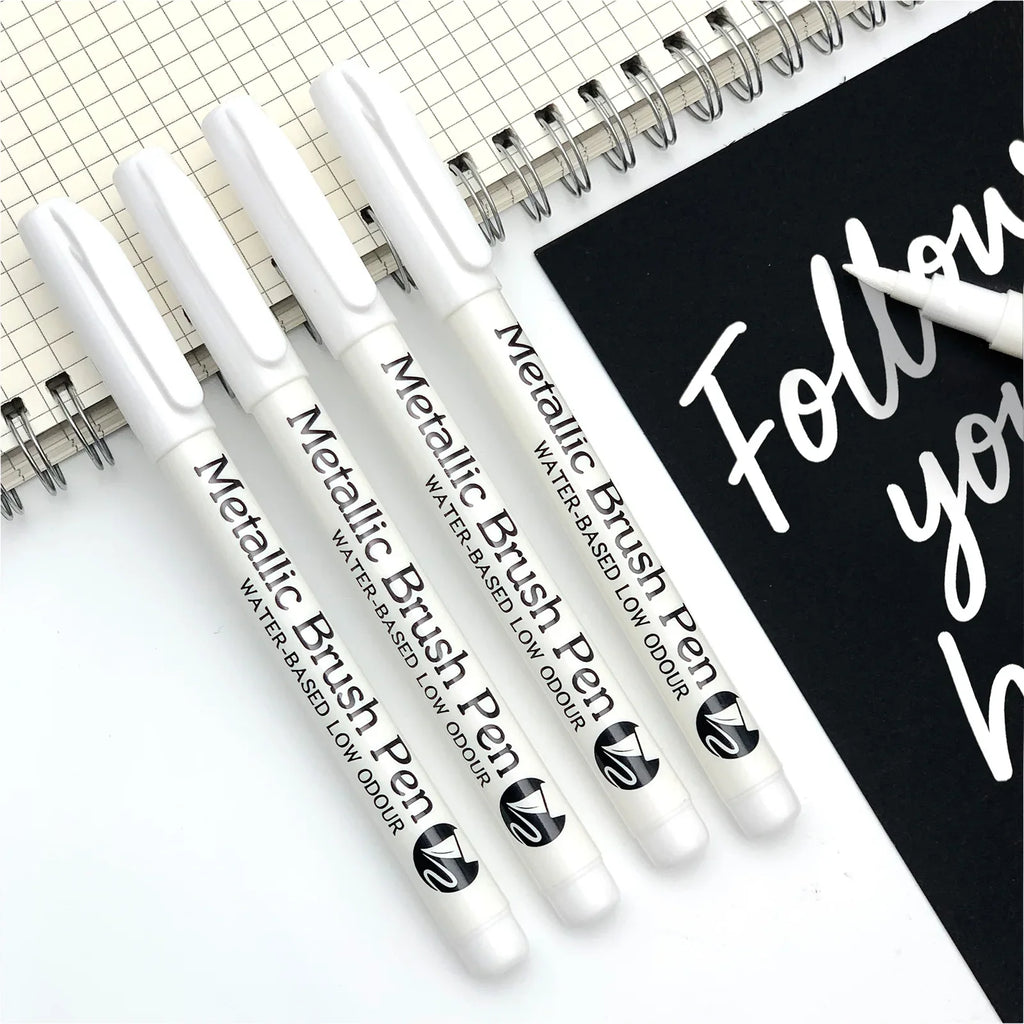 Metallic Brush Marker Pens – Gold, Silver, Copper & White Metallic Brush Markers Qme