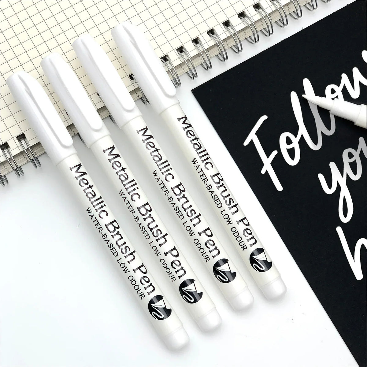 Metallic Brush Marker Pens – Gold, Silver, Copper & White Metallic Brush Markers Qme
