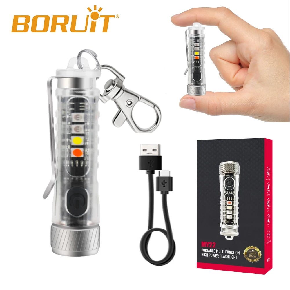 BORUiT Mini EDC Keychain Flashlight – USB-C, 11 Modes, UV Keychain Flashlight Qst