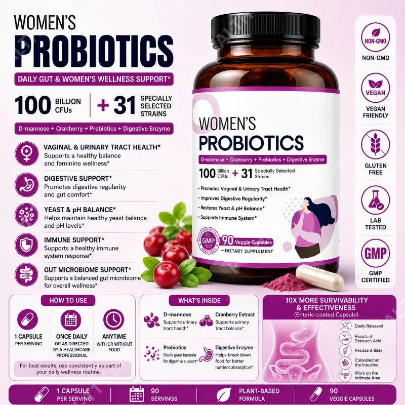 Women's Probiotics 100B CFUs 31 Strains D-Mannose Cranberry 90 Caps Women's Probiotic Supplement Qst