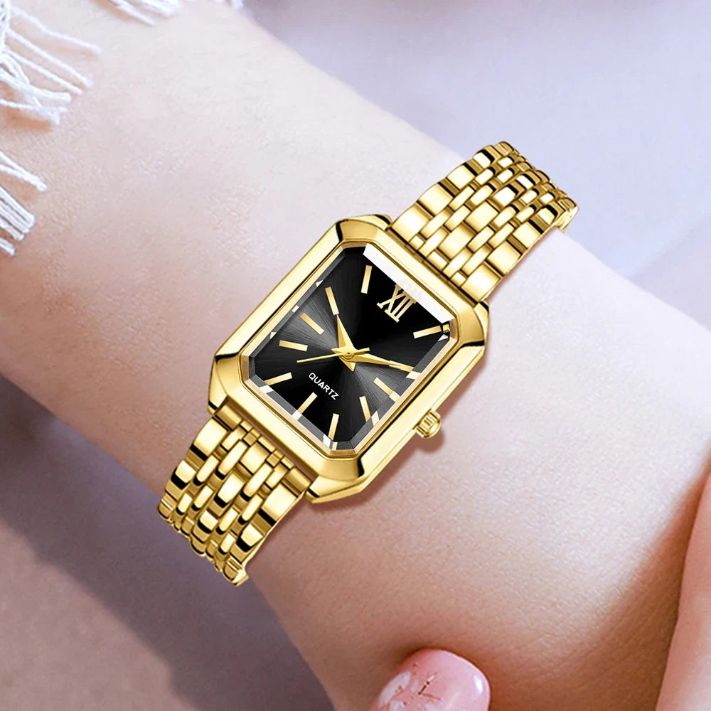 Golden Roman Square Watch & Water Drop Bracelet Set | Qme Watch & Bracelet Set Qme
