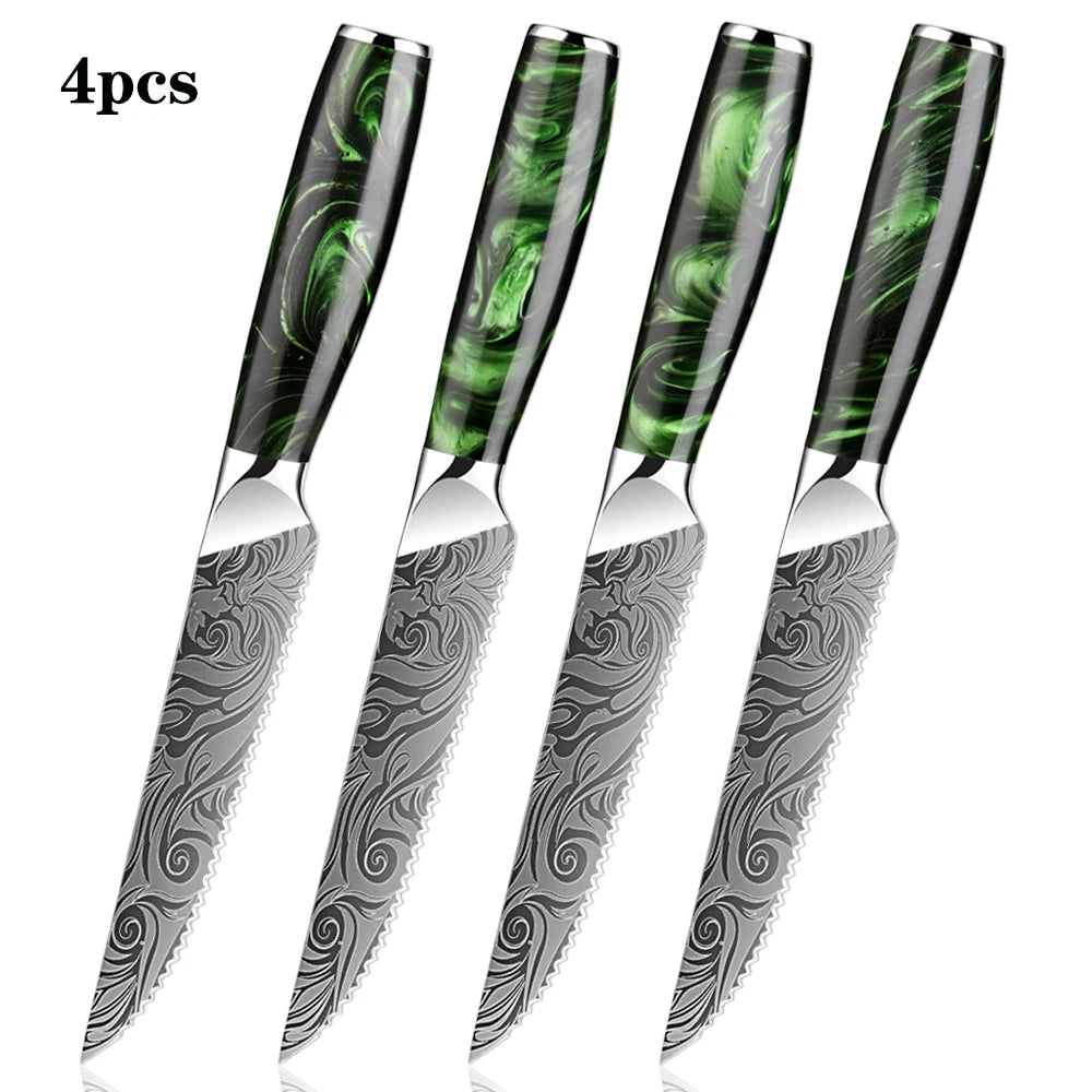 XITUO Serrated Steak Knife Set – Stainless Steel & Green Resin Steak Knife Set Qst LSZL211025R13-4PC