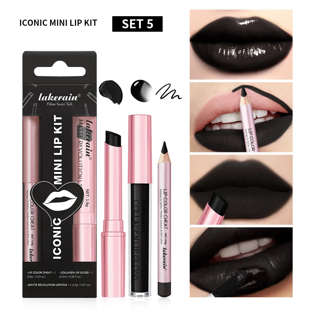 Iconic Mini Lip Kit – Waterproof Lipstick & Gloss 3pc Set Lip Makeup Set Qst 05