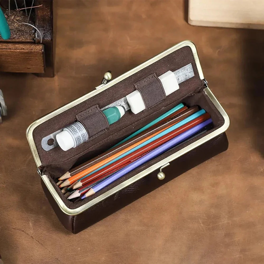 Handmade Vintage Leather Pencil Case | Retro Desk Storage Box Leather Pencil Case Qme