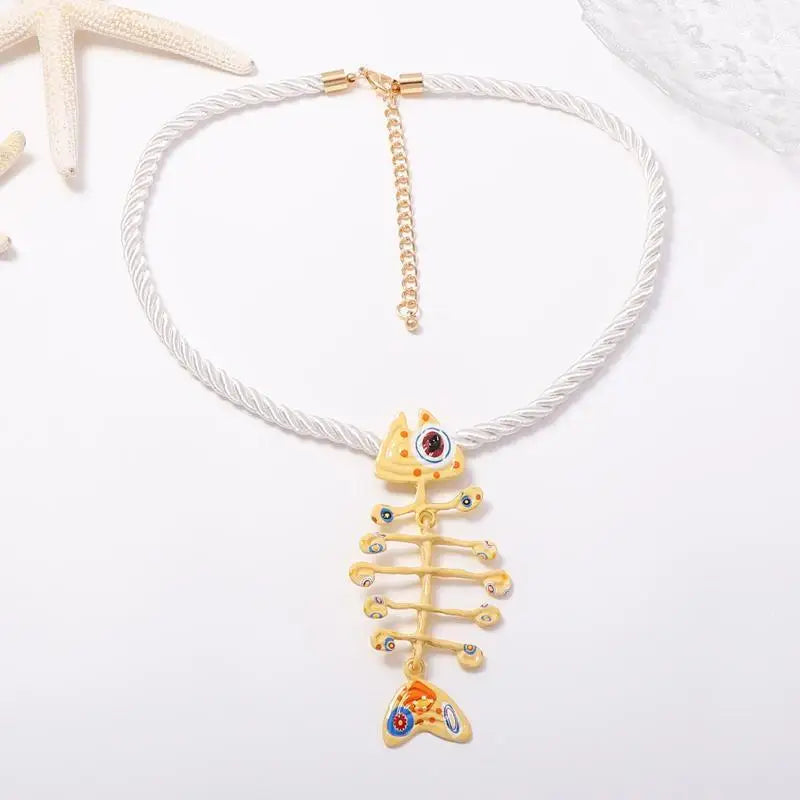 Boho Hand Woven Rope Fish Bone Pendant Necklace | 6 Colors Pendant Necklace Qme