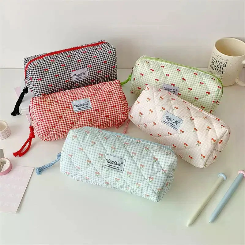 Cute Cherry Plaid Large Capacity Pencil Case & Stationery Bag Pencil Case Qme