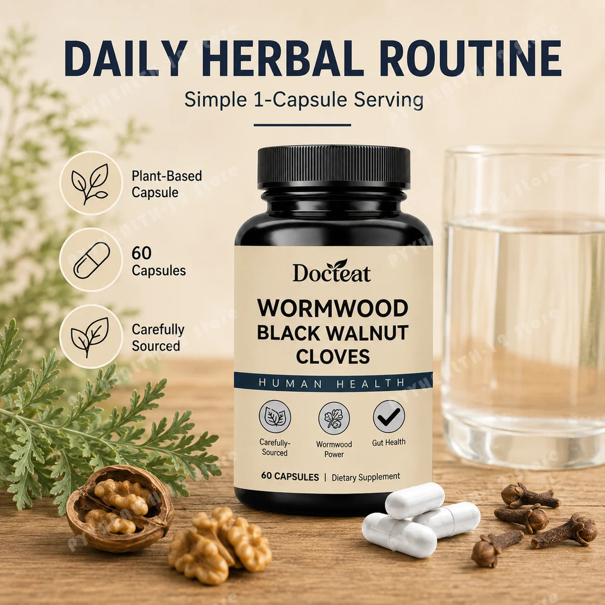 Wormwood Black Walnut Cloves Capsules 60ct | Herbal Blend Herbal Supplement Qst