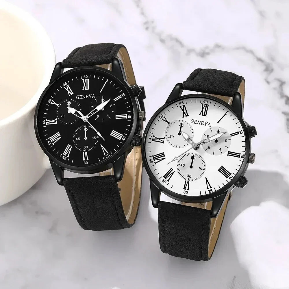 Geneva Men's Chronograph Watch Black Suede Leather Quartz Chronograph Watch Qme