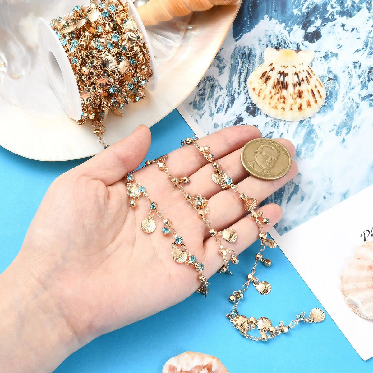 Pandahall 5m Golden Brass Chain Sea Shell Rhinestone Dangles Jewelry Making Chain Qme