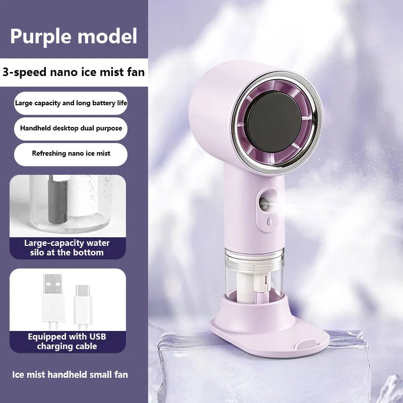 Portable Mist Spray Fan – USB Rechargeable 3-Speed Mini Fan Handheld Mist Fan Qst purple