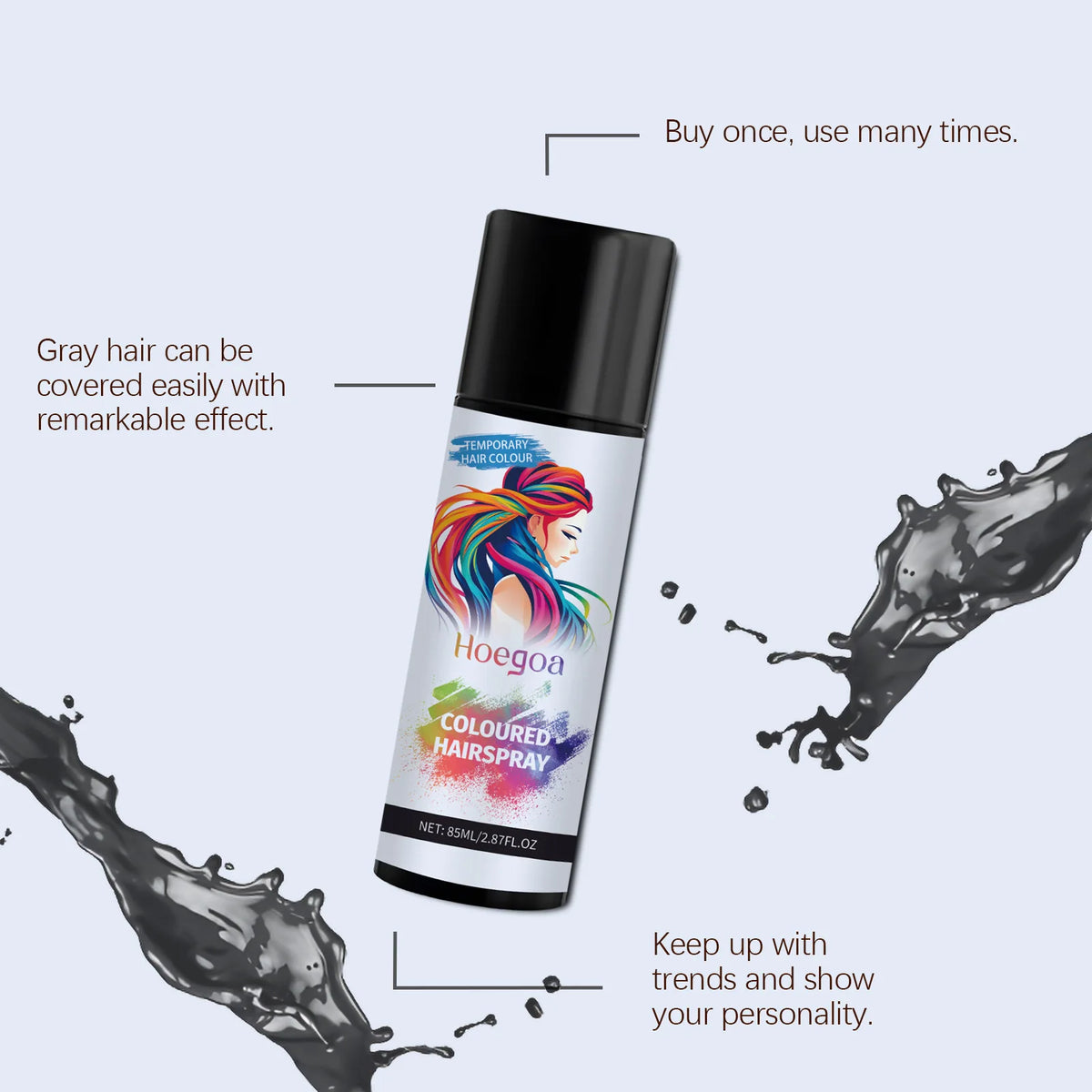 HOEGOA Temporary Black Hair Color Spray – Covers Grey, 85ml Hair Color Spray Qst