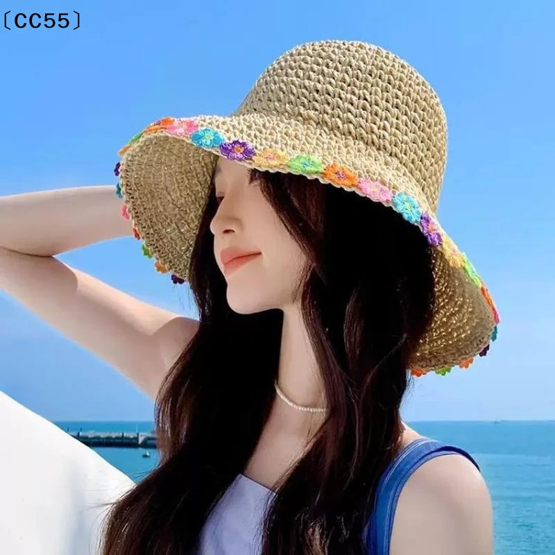 Woven Flower Straw Fisherman Hat – Wide Brim Summer Beach Hat Straw Sun Hat Qst