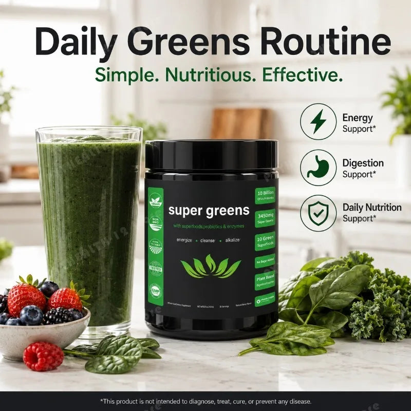Super Greens Powder – Fruits, Veggies & Probiotics, 30 Servings Greens Supplement Powder Qst