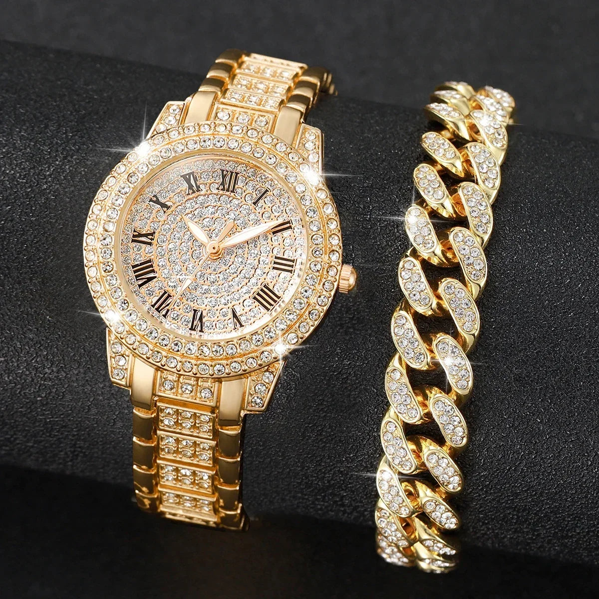 Women's Gold Rhinestone Watch Set – 2 Pcs Diamond Style Women's Watch Set Qme