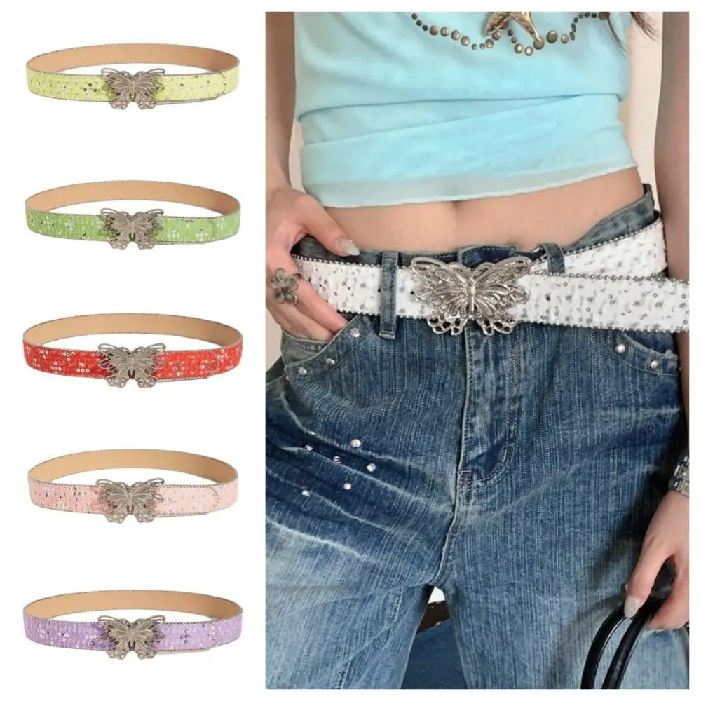 Sequin Butterfly Wide Belt – Y2K Punk Korean Denim Style Wide Fashion Belt Qme