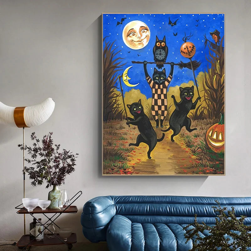 Halloween Black Cat Witch Owl Vintage Canvas Wall Art Poster Canvas Wall Art Qst