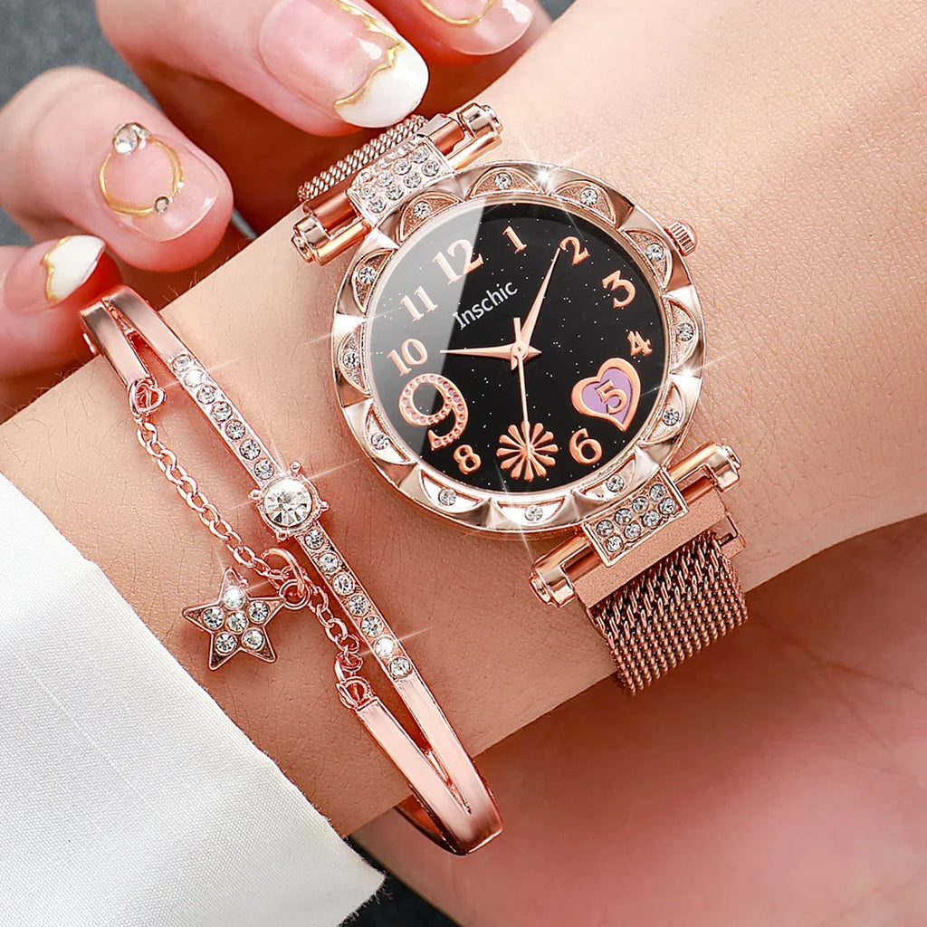 Women's Flower Dial Mesh Band Watch Set – 2-Piece Fashion Fashion Watch Set Qme
