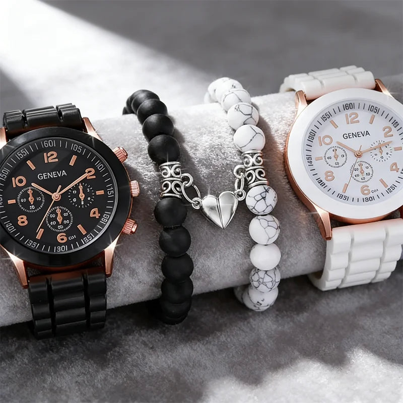 Minimalist Couple Watch & Bead Bracelet Set | Men & Women Couple Watch Set Qme