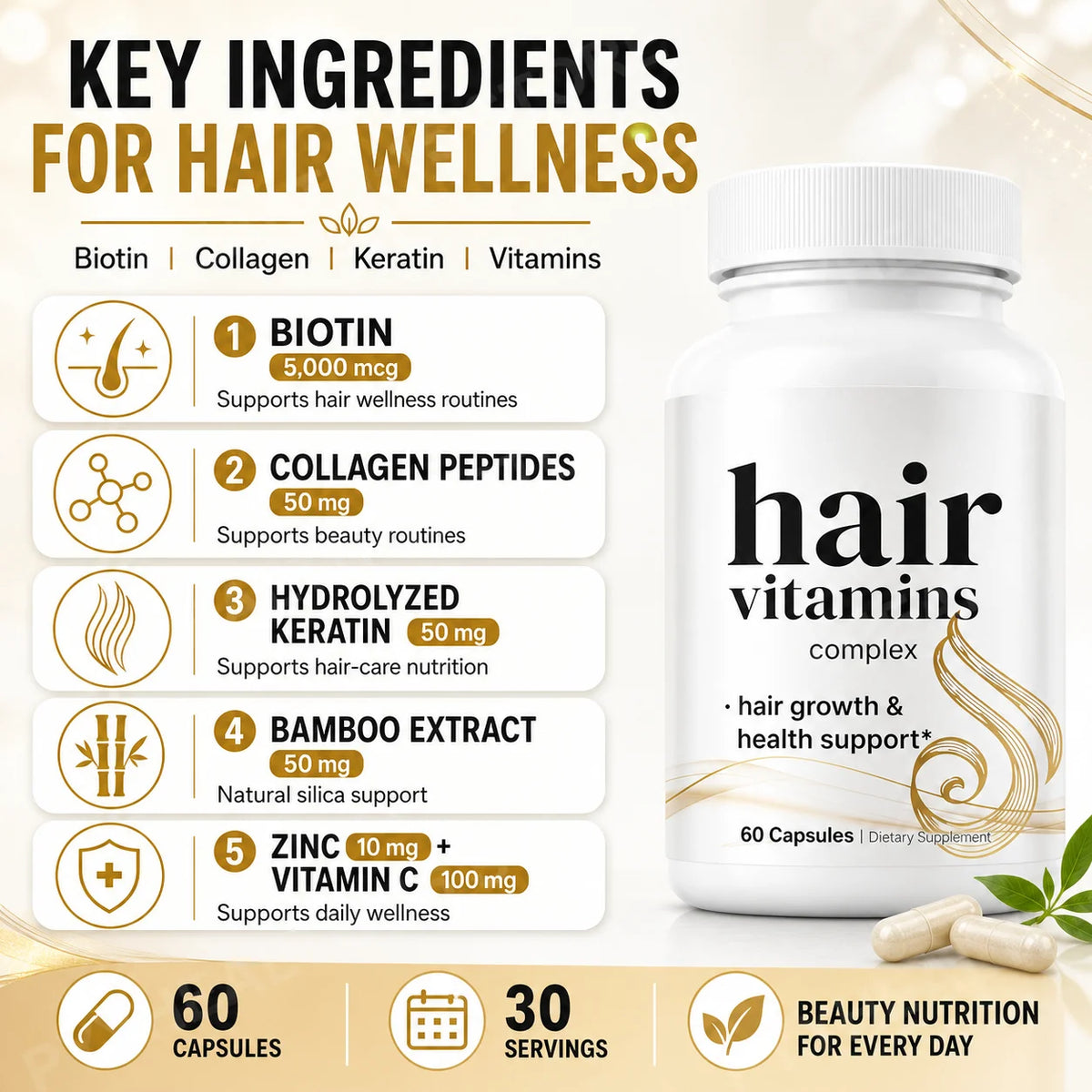 14-in-1 Biotin Collagen Keratin Hair Growth Vitamins 60 Caps Hair Growth Supplement Qst