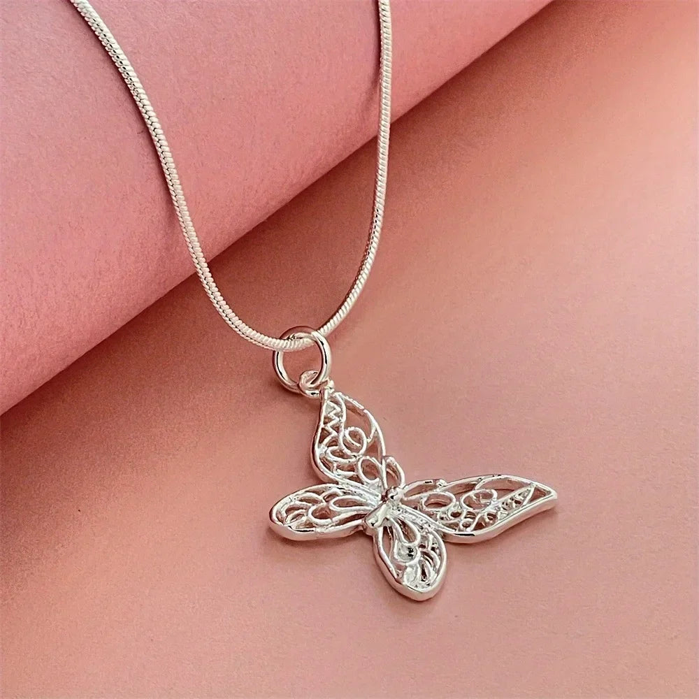 925 Sterling Silver Butterfly Necklace | Kpop Snake Chain Silver Butterfly Necklace Qme