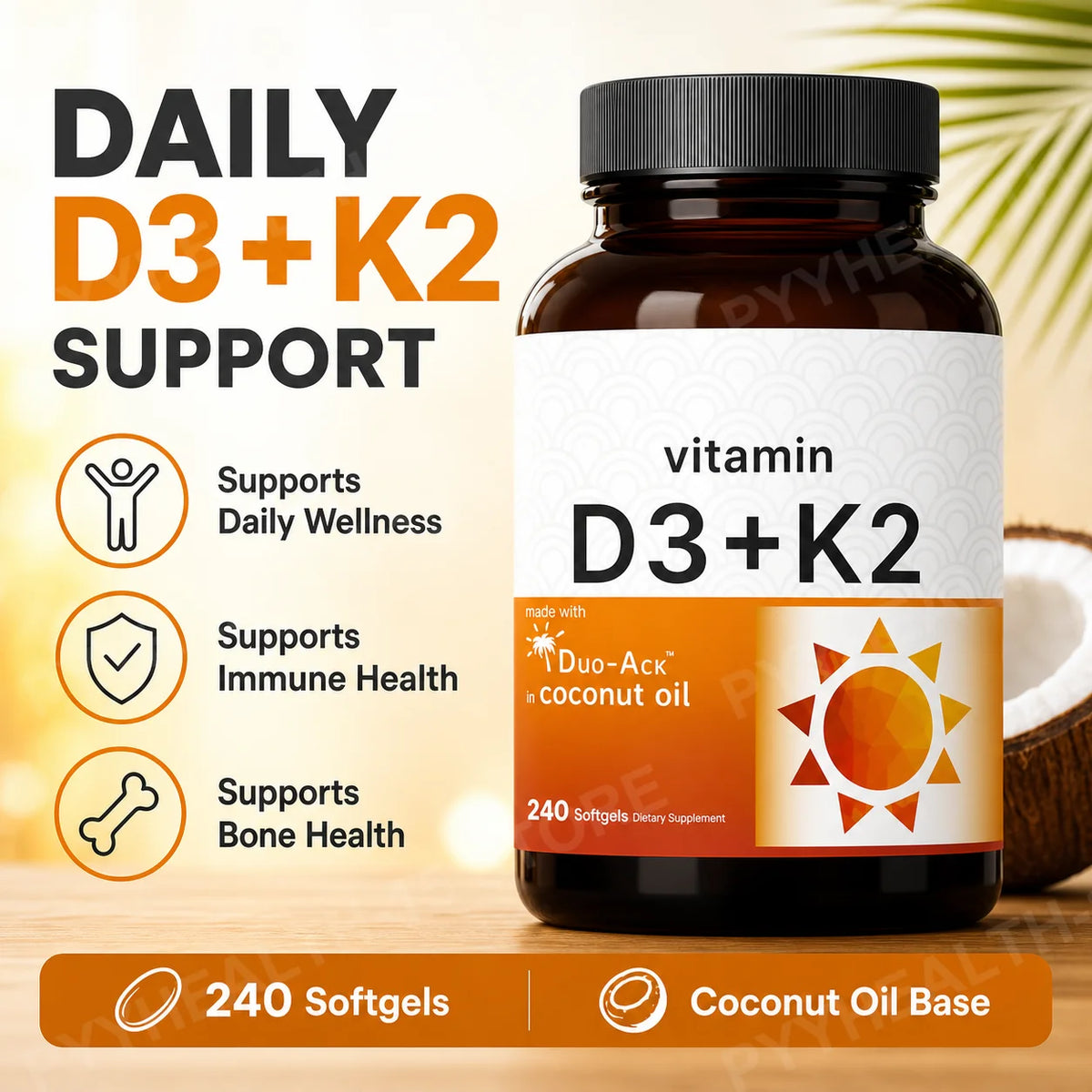 Vitamin D3 K2 MK-7 Softgels 5000 IU + 100mcg | 240ct Vitamin Supplement Qst