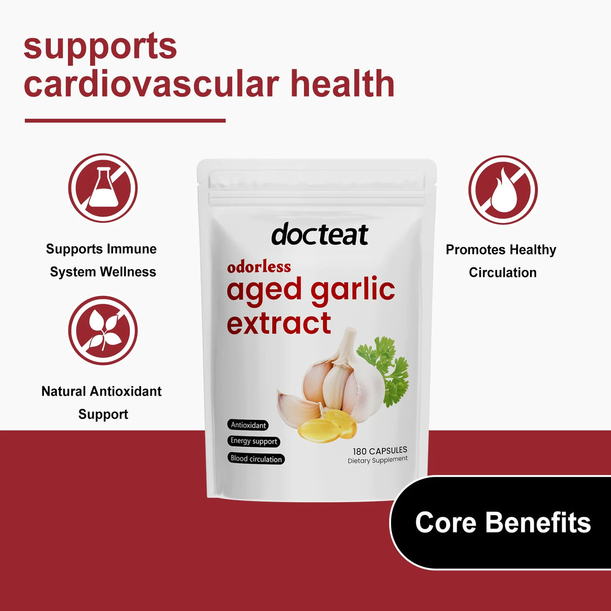 Docteat Odorless Aged Garlic Extract – 180 Capsules Garlic Supplement Qst