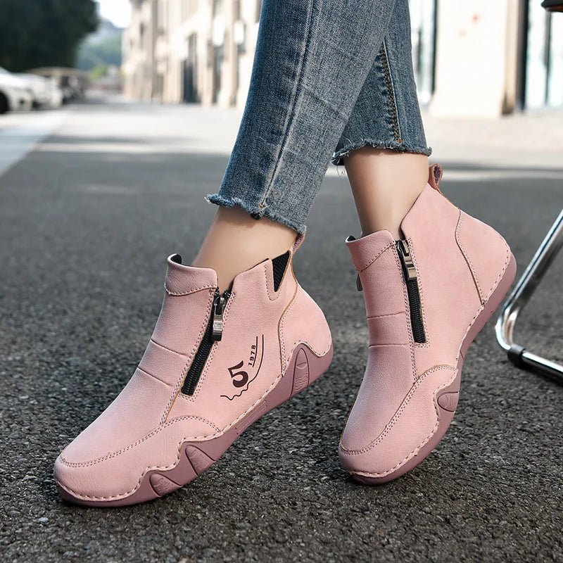 Women's Split Leather Ankle Boots – Flat Zip-Up Casual Boots Women's Ankle Boots Qst