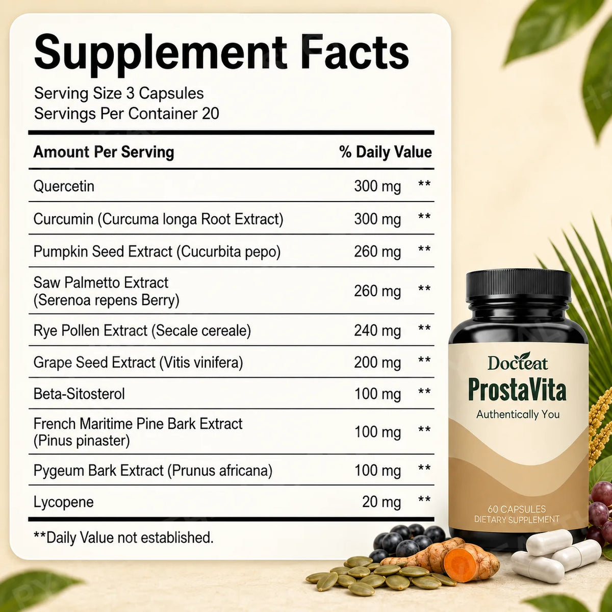 Docteat ProstaVita Men's Prostate Support Capsules 60ct Men's Health Supplement Qst