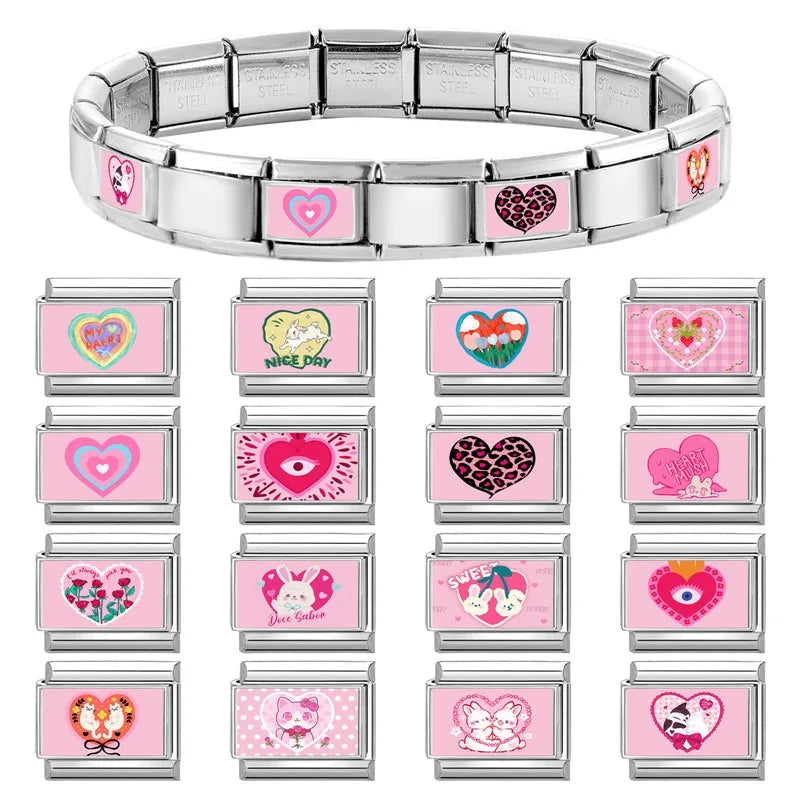Italian Charm Link Bracelet – Rabbit, Cats, Hearts & Flowers Italian Charm Bracelet Qme